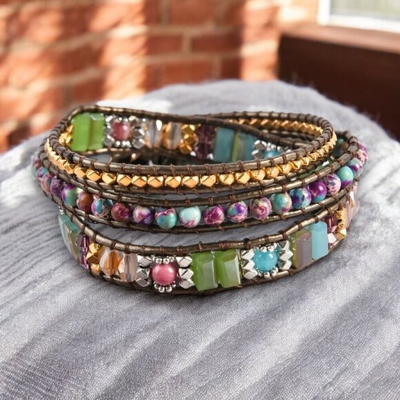 Bohemian Bliss Natural Jasper & Crystal Vegan Leather Handmade Wrapโ Bracelet - Picture 9 of 13